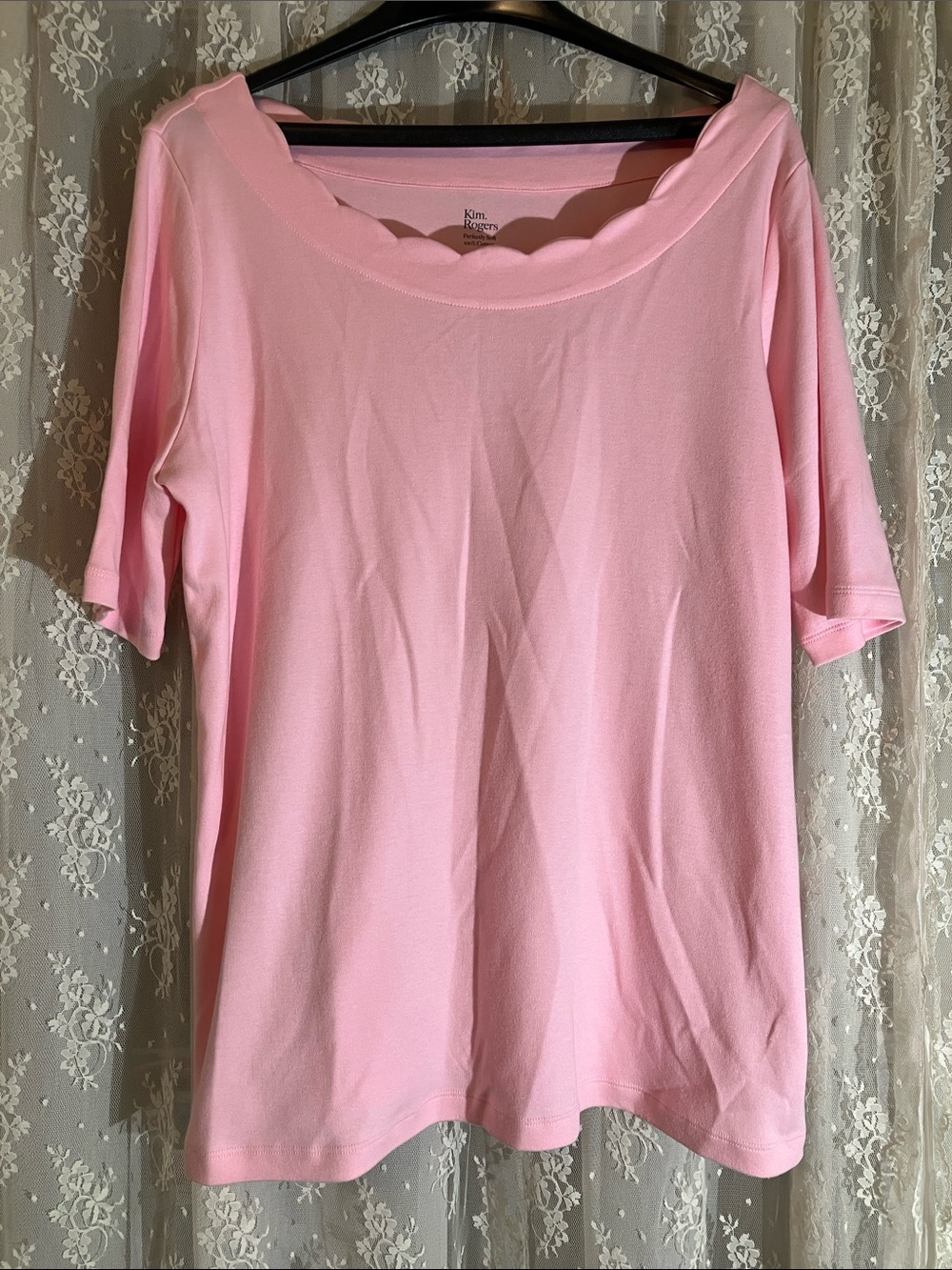 Kim Rogers Light Pink Scalloped Neck Short Sleeve Top